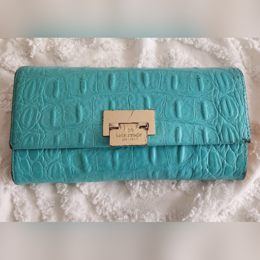 Kate Spade Accordian Flap Leather Wallet Croc Embossed Teal Preppy Chic